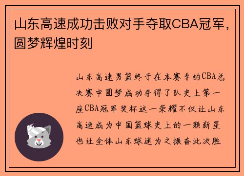 山东高速成功击败对手夺取CBA冠军，圆梦辉煌时刻